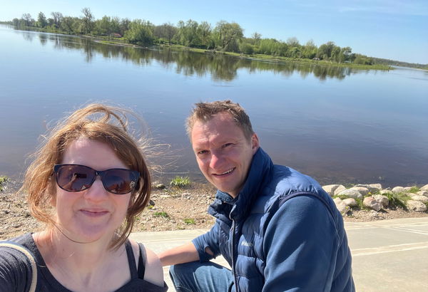 Sally and Linas in Rusne on Bradt guide Lithuania research trip