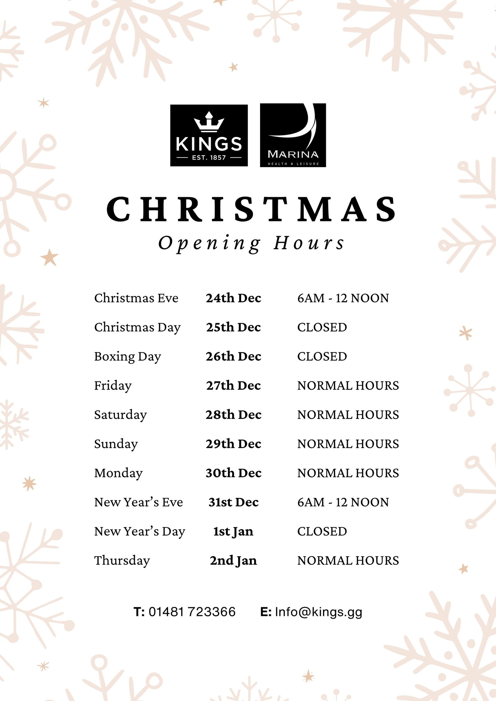 Christmas Opening Hours - Kings Premier Health Club