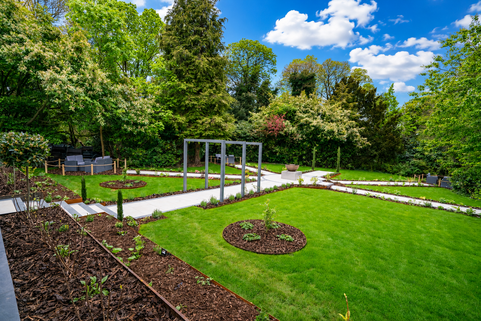 A planted garden path with calm outdoor seating